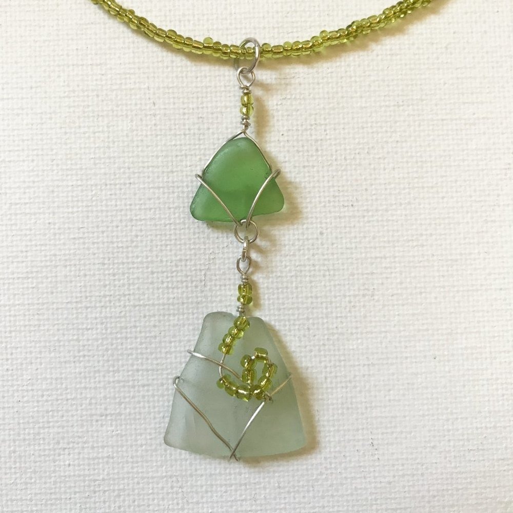 Vintage Bottle Sea Glass Necklace Emerald Green Ocean Boho Summer Mermaid